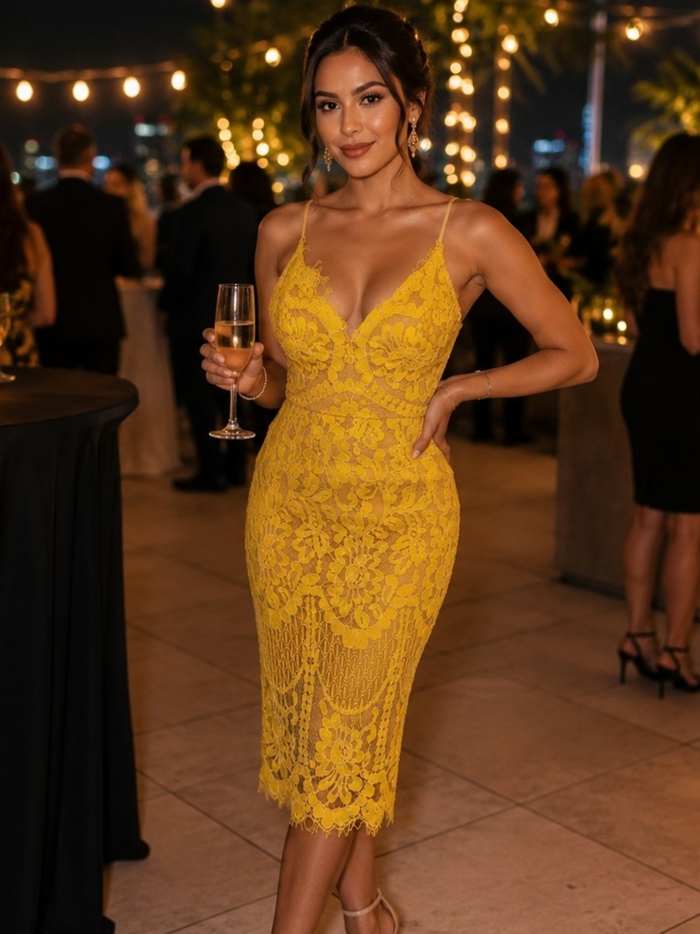 Aje Mustard Lace Spaghetti-Strap Midi Dress